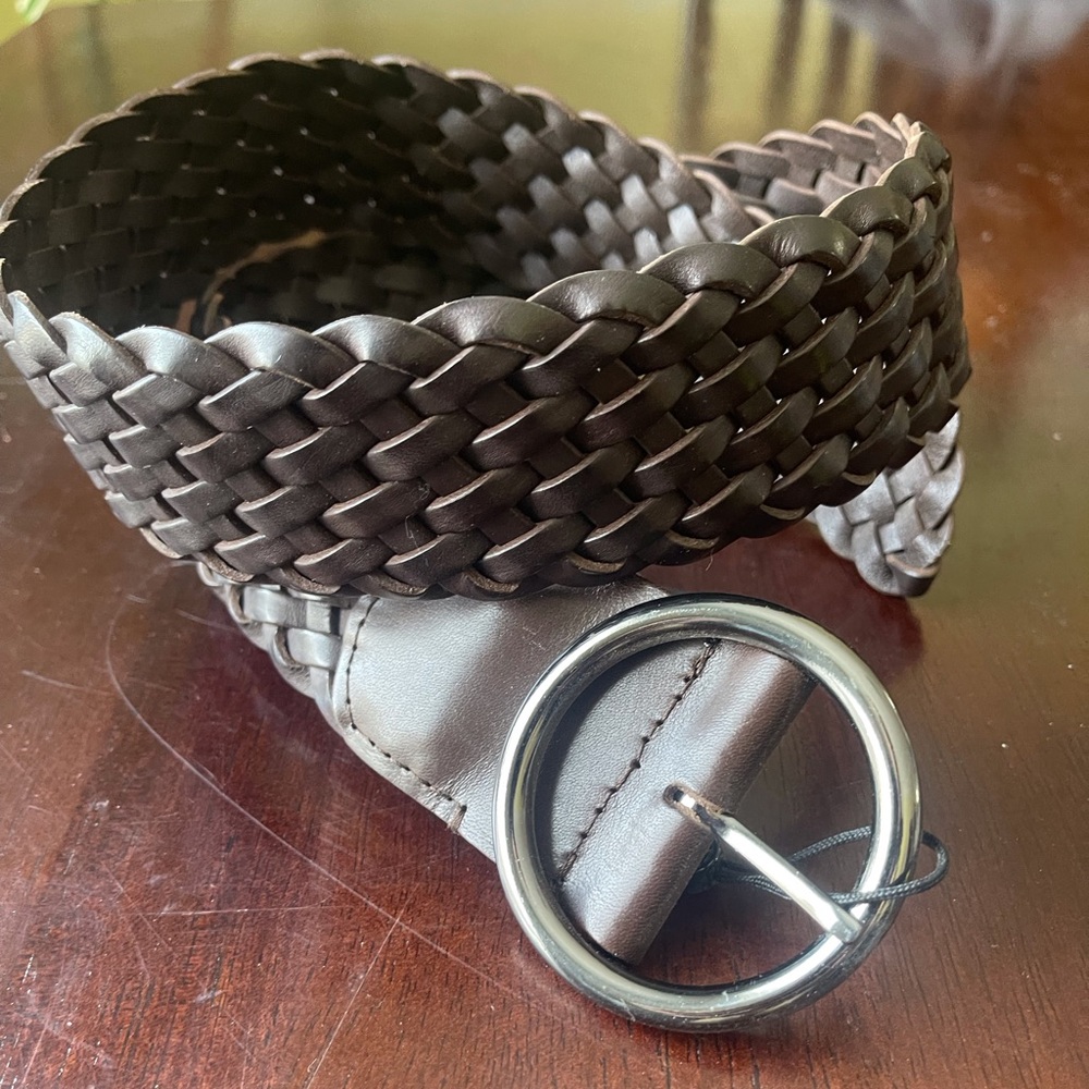 Massimo Dutti Braided Belt Dark Brown Leather silver buckle Size M 75